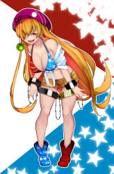 1girl :d absurdres aged_up alternate_breast_size alternate_breast_size_(larger) alternate_costume alternate_headwear american_flag american_flag_bikini american_flag_bikini_top american_flag_print aoshima asymmetrical_footwear barbed_wire bare_legs bare_shoulders beret bikini bikini_top_only blonde_hair blue_background blue_bikini blue_boots blush boots breasts caution cleavage clownpiece collarbone commentary_request crop_top female_focus flag_print flag_print_bikini full_body hair_over_one_eye hat highres large_breasts leaning_forward long_hair looking_at_viewer midriff mismatched_footwear multicolored_background multicolored_bikini navel off_shoulder open_mouth print_bikini purple_eyes purple_hat red_background red_bikini red_boots shirt short_shorts short_sleeves shorts smile solo standing star_(symbol) star_print stomach striped_bikini striped_bikini_top striped_clothes swimsuit thigh_strap thighs tied_shirt touhou very_long_hair white_background white_shirt wrist_cuffs yellow_shorts