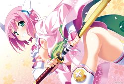 1girl ass blue_eyes blush breasts cherry_blossoms djibril_spica female_focus flower front_wing highres japanese_clothes katana kuuchuu_yousai looking_at_viewer makai_tenshi_djibril medium_breasts nipples no_panties petals pink_hair saotome_momo sengoku_tenshi_djibril short_hair smile solo sword thighhighs thighs weapon