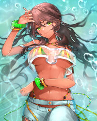 Rule 34 | 1girl, andromeda (fate), andromeda (second ascension) (fate), bandeau, bare shoulders, bikini, bikini under clothes, blush, bracelet, braid, breasts, brown hair, chain, cleavage, criss-cross halter, cross-laced clothes, crown braid, dark-skinned female, dark skin, denim, fate/grand order, fate (series), green eyes, grey pants, halterneck, hazuki-a, highleg, highleg bikini, highres, jeans, jewelry, large breasts, long hair, looking at viewer, low ponytail, multicolored bikini, navel, pants, ponytail, rainbow bikini, see-through clothes, sidelocks, smile, solo, swimsuit, thighs, water