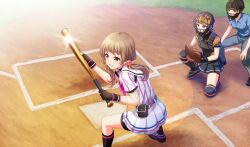 3girls baseball baseball_base baseball_bat baseball_glove baseball_uniform batting_stance belt belt_pouch bike_shorts_under_skirt black_belt black_footwear black_gloves black_pouch black_shirt black_shorts black_skirt black_socks black_undershirt blue_shirt catcher&#039;s_mask catcher_(baseball) chest_protector cinderella_series clenched_teeth dutch_angle fingerless_gloves from_above game_cg glint gloves grey_pants hachigatsu_no_cinderella_nine hair_bobbles hair_ornament hands_on_own_knees highres holding holding_baseball_bat lens_flare light_brown_hair long_hair looking_ahead low_twintails metal_baseball_bat multiple_girls naoe_tayu neckerchief non-web_source official_art on_one_knee pants pink_neckerchief pleated_skirt pouch red_eyes satogahama_baseball_uniform shin_guards shirt shirt_under_shirt short_sleeves shorts skirt socks solo_focus sportswear standing striped_belt striped_clothes striped_shirt sweatdrop teeth twintails umpire v-shaped_eyebrows vertical-striped_clothes vertical-striped_shirt wristband