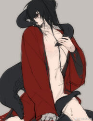 1boy bare_legs black_hair blush chinese_clothes chinese_commentary coat collarbone convenient_censoring creature dao_gui_yi_xian grey_background hair_bun half_updo hanfu highres holding_tentacle li_huowang li_sui_(tentacles) long_hair looking_to_the_side male_focus naked_coat navel open_clothes open_coat partially_undressed red_coat red_eyes scar scar_on_leg scar_on_neck scar_on_stomach shigelaogutoukongle simple_background single_hair_bun sitting sketch solo stitches sweat tentacle_in_mouth tentacle_sex tentacles tentacles_on_male tentacles_under_clothes tongue watermark weibo_watermark
