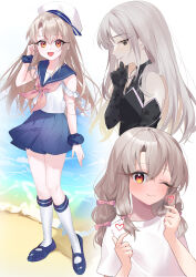 3girls absurdres akaneko016 beret black_dress black_gloves blonde_hair blue_sailor_collar blue_sky blush braid breasts dress elbow_gloves fate/grand_order fate/kaleid_liner_prisma_illya fate_(series) full_body gloves grey_eyes grey_hair hat highres illyasviel_von_einzbern illyasviel_von_einzbern_(phantasmal_princess) kneehighs long_hair looking_at_viewer multiple_girls multiple_persona neckerchief open_mouth red_eyes sailor_collar scrunchie shirt short_sleeves sidelocks sky sleeveless sleeveless_shirt small_breasts smile socks twin_braids white_hat white_shirt wrist_scrunchie