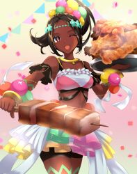 1girl bare_shoulders beads black_hair brown_eyes confetti crop_top dark-skinned_female dark_skin fire_emblem fire_emblem_engage flower food hair_beads hair_flower hair_ornament highres holding holding_food holding_skewer jewelry kakiko210 looking_at_viewer meat nintendo one_eye_closed open_mouth ponytail shorts shorts_under_skirt skewer skirt smile solo sparkle sparkling_eyes timerra_(fire_emblem)