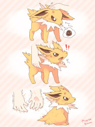 ! !! 1other anger_vein annoyed artist_name blush closed_mouth commentary_request disembodied_hand fang gen_1_pokemon headpat highres jolteon mugita_konomi nintendo open_mouth pokemon pokemon_(creature) speech_bubble spoken_squiggle squiggle striped_background thought_bubble yellow_background