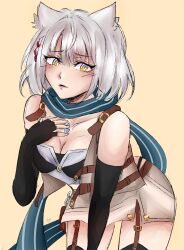 1girl absurdres ahoge animal_ears bob_cut breasts cat cat_ears cat_girl chest_jewel commentary cosplay double-parted_bangs eiyuu_densetsu elbow_gloves english_commentary fie_claussell fingerless_gloves gloves grey_hair hair_between_eyes highres looking_at_viewer mio_(xenoblade) mio_(xenoblade)_(cosplay) sen_no_kiseki sen_no_kiseki_(series) sen_no_kiseki_iii seralalaaa short_hair simple_background solo xenoblade_chronicles_(series) xenoblade_chronicles_3 yellow_background yellow_eyes