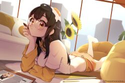 ahoge back_peek breasts brown_eyes brown_hair couch crop_top drawing_tablet glasses highres indie_virtual_youtuber indoors long_hair looking_at_viewer lying medium_breasts on_stomach peesh_san shorts tamagoki_(vtuber) virtual_youtuber window