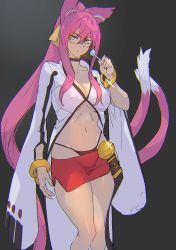 Rule 34 | 1girl, alternate breast size, animal ears, ashiomi masato, blazblue, bracelet, breasts, candy, cat ears, cat tail, closed mouth, food, glasses, jewelry, kokonoe (blazblue), lollipop, long hair, looking at viewer, navel, panties, pink hair, simple background, skirt, solo, tail, underwear, yellow eyes