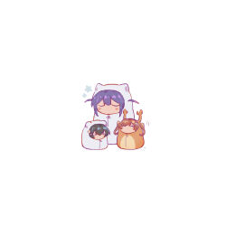 3girls ^_^ aijou_karen animal_costume animal_ears bear_costume bear_ears black_hair blush_stickers brown_hair cat_costume cat_ears chibi chibi_only chinese_commentary closed_eyes commentary_request crab_costume facing_ahead facing_up fake_animal_ears full-length_zipper hair_between_eyes highres kagura_hikari motion_lines multiple_girls negative_space no_mouth purple_hair rei931218 short_hair short_twintails shoujo_kageki_revue_starlight sidelocks simple_background star_(symbol) star_symbol_background tsuyuzaki_mahiru twintails two_side_up white_background zipper zipper_pull_tab