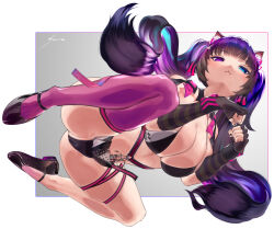 1girl :&lt; absurdres all_fours animal_ears arm_warmers ass bare_shoulders bikini black_bikini black_gloves black_nails black_shoes black_skirt blue_eyes blunt_bangs breasts brown_hair cat_ears cat_girl chest_harness cleavage clenched_hands closed_mouth commentary_request fingerless_gloves from_below full_body gloves goddess_of_victory:_nikke hair_ribbon harness heterochromia highres large_breasts long_hair mary_janes multicolored_bikini nero_(nikke) outside_border pink_thighhighs pleated_skirt purple_eyes ribbon shoes sidelocks signature single_thighhigh skindentation skirt soranosousaku stomach string_bikini swimsuit thigh_strap thighhighs twintails two-tone_bikini two-tone_skirt variant_set white_bikini white_skirt wrist_cuffs