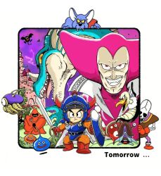 2boys 6+others aqua_skin armor asymmetrical_dual_wielding black_border black_eyes blue_armor blue_helmet bodysuit boots border cape castle chibi chimaera_(dragon_quest) colored_sclera colored_skin commentary covered_pectorals creature_request dracky dragon dragon_boy dragon_lord dragon_quest dragon_quest_i drohl_drone dual_persona dual_wielding english_commentary english_text evil_grin evil_smile fake_horns fangs fins gloves grin head_fins helmet hero_(dq1) holding holding_shield holding_staff holding_sword holding_weapon horned_helmet horns looking_at_viewer looking_down looking_to_the_side looking_up mage_staff multiple_boys multiple_others nose_horn open_mouth orange_bodysuit orange_robe pectorals pink_hood purple_sky red_boots red_cape red_eyes red_gloves red_horns robe scabbard she-slime sheath shield skeleton_(dragon_quest) sky slime_(dragon_quest) smile staff sword tcgf_04 two-sided_cape two-sided_fabric weapon white_cape widow&#039;s_peak yellow_sclera