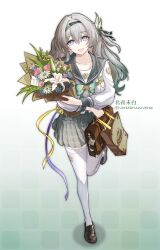 Rule 34 | 1girl, absurdres, bag, black shoes, bow, collarbone, firefly (honkai: star rail), firefly (spring missive) (honkai: star rail), full body, graduation, green bow, grey hair, grey skirt, hair between eyes, hair intakes, hair ornament, hairband, highres, holding, holding bag, honkai: star rail, honkai (series), long hair, long sleeves, looking at viewer, norstaruniverse, official alternate costume, open mouth, pink eyes, plaid bow, plaid clothes, plaid skirt, school bag, shirt, shoes, simple background, skirt, smile, solo, standing, standing on one leg, thighhighs, white background, white shirt, white thighhighs