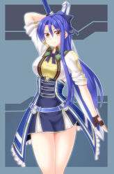 blue_hair bow bowtie breasts brown_eyes coat cowboy_shot curtained_hair double-parted_bangs eiyuu_densetsu hair_between_eyes hair_bow highres holding holding_sword holding_weapon huge_weapon large_breasts laura_s._arseid long_hair looking_at_viewer ponytail sen_no_kiseki sen_no_kiseki_(series) sen_no_kiseki_iii simple_background skirt sleeves_rolled_up smile sword utomo weapon
