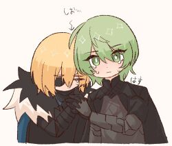 2boys armor black_armor black_cape black_fur blue_cape cape closed_eyes cropped_torso crying crying_with_eyes_open diamond_(shape) dimitri_alexandre_blaiddyd dimitri_alexandre_blaiddyd_(timeskip) eyepatch fire_emblem fire_emblem:_three_houses fur_trim gorget green_hair grey_background hasu_lolot head_down holding_hands male_byleth_(enlightened)_(fire_emblem) male_byleth_(fire_emblem) male_focus multiple_boys nintendo one_eye_covered parted_bangs short_hair simple_background tears translation_request white_fur