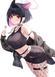 1girl :o animal_ears black_choker black_hair black_shirt black_shorts blue_archive blush breasts candy cat_ears choker colored_inner_hair crop_top extra_ears fishnet_pantyhose fishnets food grey_jacket halo highres holding holding_candy holding_food holding_lollipop jacket jewelry kazusa_(blue_archive) leaning lollipop long_sleeves looking_at_viewer medium_breasts midriff multicolored_hair necklace open_mouth oryo_(oryo04) pantyhose pink_hair plaid_clothes plaid_jacket red_eyes shirt short_hair shorts sleeveless sleeveless_shirt solo thigh_strap upper_body white_background
