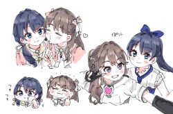 2girls 3rd_live_tour_try_tri_unity!!! :3 black_choker bloom_the_smile_bloom_the_dream! blue_bow blue_eyes blue_hair blue_necktie bow braid brown_hair chibi choker closed_mouth fanfare!!!_(love_live!) fujishima_megumi hair_bow hair_intakes hair_ribbon half_up_braid heart link!_like!_love_live! long_hair love_live! low_twintails moso_(expect66) multiple_girls multiple_views murano_sayaka necktie official_alternate_costume pink_bow pink_ribbon ponytail proof_(love_live!) puckered_lips purple_eyes ribbon short_eyebrows simple_background smile thick_eyebrows thumbs_up twintails two_side_up v v-shaped_eyebrows virtual_youtuber white_background wiping yuri