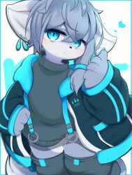 1boy absurdres animal_ears animal_nose anmitsu46 black_jacket black_sweater black_thighhighs blue_border blue_eyes blue_fur blue_outline blush body_fur border bottomless claws closed_mouth crossed_bangs earrings fox_ears furry furry_female furry_male grey_fur grey_hair grey_sweater hair_between_eyes hair_tie hand_on_own_hip hand_up heart highres hood hooded_jacket jacket jewelry ku_re_(vrchat) long_hair long_sleeves looking_at_viewer male_focus no_panties open_clothes open_jacket outline pussy ring shirt short_hair sidelocks sleeveless smile solo split_mouth standing sweater tail thick_eyebrows thighhighs thighs trap turtleneck turtleneck_sweater two-tone_fur vrchat white_background white_fur