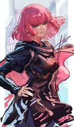 1girl blue_eyes bob_cut capelet commentary cowboy_shot gundam haman_karn hand_on_own_hip highres juliet_sleeves long_sleeves looking_to_the_side makitoshi0316 medium_hair pink_hair puffy_sleeves signature simple_background smile solo