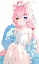1girl absurdres ahoge animal_ears bare_shoulders beads bikini blue_archive blue_eyes blue_jacket cat_ears collarbone commentary hair_beads hair_ornament heterochromia highres hoshino_(blue_archive) hoshino_(swimsuit)_(blue_archive) jacket knees_up looking_at_viewer official_alternate_costume open_clothes open_jacket open_mouth orange_eyes pink_hair simple_background solo swimsuit usagi_(786113654) white_background white_bikini