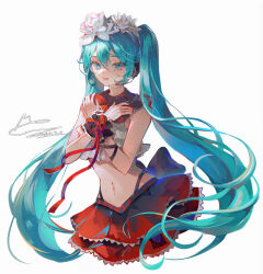 1girl absurdres aqua_eyes aqua_hair bare_shoulders black_wrist_cuffs bow collar commentary_request cowboy_shot crop_top cropped_torso crossed_arms dated eyelashes fang flower frilled_collar frilled_shirt frilled_skirt frilled_wrist_cuffs frills hair_between_eyes hair_flower hair_ornament hands_up hatsune_miku hatsune_miku_(bless_you) headset high-waist_panties highres layered_skirt long_hair looking_at_viewer lower_teeth_only midriff mie_haha nail_polish navel nisoku_hokou_(vocaloid) open_mouth red_bow red_nails red_skirt rose shirt sidelocks signature simple_background skirt solo teeth twintails very_long_hair vocaloid white_background white_flower white_rose white_shirt wrist_cuffs