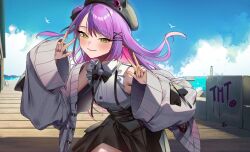Rule 34 | 1girl, absurdres, armpit crease, beret, black bow, black bowtie, black hat, black skirt, blue sky, blush, bow, bowtie, cardigan, collared shirt, colored inner hair, day, double w, dress shirt, eredhen, fang, fingernails, frilled shirt, frills, graffiti, green eyes, grey cardigan, hair bow, hair bun, hair ornament, hairclip, hairpin, hashtag-only commentary, hat, high-waist skirt, highres, hololive, jirai kei, long hair, long sleeves, looking at viewer, multicolored hair, official alternate costume, official alternate hairstyle, open cardigan, open clothes, outdoors, parallel hairclips, pier, purple hair, purple nails, shirt, single side bun, skirt, sky, sleeveless, sleeveless shirt, smile, solo, suspender skirt, suspenders, swept bangs, tokoyami towa, tokoyami towa (jirai kei), virtual youtuber, w, white shirt, x hair ornament