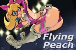 Rule 34 | 1girl, alex ahad, ass, ass cutout, ass focus, blonde hair, blue eyes, boots, breasts, cleavage, cleavage cutout, clothing cutout, cosplay, earrings, frills, highres, hip attack, jewelry, lipstick, makeup, mario (series), nintendo, princess peach, rainbow mika, rainbow mika (cosplay), revealing clothes, ribbon, solo, street fighter, street fighter zero (series), sweat, tagme