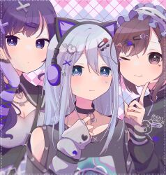 25-ji_nightcord_de._(project_sekai) ;) animal_ear_headphones animal_ears arrow_through_heart asahina_mafuyu bat_hair_ornament black_choker black_sweater blue_eyes blush breasts broken_heart brown_hair cat_ear_headphones choker cleavage clothing_cutout clothing_request collarbone elbow_gloves expressionless fake_animal_ears fingerless_gloves frilled_hat frills gloves hair_ornament hat headphones heart heart-shaped_pupils heart_hair_ornament heart_necklace heart_on_cheek highres jewelry light_smile necklace one_eye_closed pendant_choker project_sekai purple_eyes purple_hair shinonome_ena shoulder_cutout sleeves_past_wrists smile sweater symbol-shaped_pupils white_hair x_hair_ornament yoisaki_kanade yorukumo_kana
