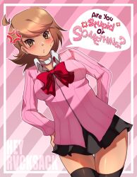 1girl anger_vein angry artist_name black_thighhighs bow bowtie brown_eyes brown_hair cardigan choker cowboy_shot heart heart_choker heyrvcksack highres miniskirt open_mouth outline persona persona_3 pink_background pink_cardigan red_bow red_bowtie skirt speech_bubble striped_background sweatdrop takeba_yukari thighhighs white_outline zettai_ryouiki zipper