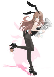 1girl animal_ear_hairband animal_ears ass black_bow black_bowtie black_leotard black_pantyhose black_shoes blue_eyes bow bowtie brown_hair euphonium fake_animal_ears full_body hairband hibike!_euphonium high_heels highres holding holding_instrument instrument kin-1008 kuroe_mayu leotard long_hair looking_back pantyhose playboy_bunny rabbit_ears rabbit_tail shoes simple_background solo strapless strapless_leotard tail white_background wrist_cuffs