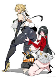 2girls absurdres ass astra_yao b.sa_(bbbs) bird black_hair blonde_hair blush breasts earrings elbow_gloves evelyn_chevalier gloves hairband high_heels highres huge_ass huge_breasts jewelry long_hair looking_at_viewer multiple_girls penguin shirt simple_background skirt thick_thighs thigh_strap thighs white_background white_skirt zenless_zone_zero