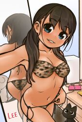 1girl animal_print bikini black_cat black_hair blue_eyes breasts cat collarbone commentary_request dark-skinned_female dark_skin indoors large_breasts lee_(colt) leopard_print leopard_print_bikini long_hair looking_at_viewer mirror navel original print_bikini selfie side-tie_bikini_bottom strapless strapless_bikini string_bikini swimsuit variant_set