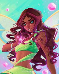 1girl aisha_(winx_club) aqua_background aqua_eyes arm_tattoo artist_name bare_shoulders blue_wings bracelet brown_hair bubble chibimica commentary cowboy_shot crop_top dark-skinned_female dark_skin english_commentary eyelashes fairy fairy_wings glitter green_shirt green_skirt happy highres jewelry lipstick long_hair looking_at_viewer magic magical_girl makeup midriff miniskirt o-ring parted_lips pink_lips shirt shoulder_tattoo sidelocks skirt skirt_set sleeveless sleeveless_shirt smile solo sparkle tattoo teeth thick_eyebrows transparent_wings very_dark_skin very_long_hair waves wavy_hair wings winx_club