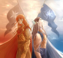 Rule 34 | 2boys, armor, banner, blue cape, blue eyes, braid, cape, closed mouth, collar, cousins, elf, english text, feather hair ornament, fingon, flag, gold armor, hair ornament, king, long hair, looking down, looking up, maedhros, male focus, mintkim, multiple boys, outdoors, pointy ears, prince, profile, red cape, red hair, signature, sky, standing, star (sky), starry sky, the silmarillion, tolkien&#039;s legendarium