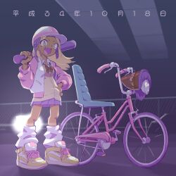 1girl baseball_bat bicycle blonde_hair bow bowtie card commentary_request dark-skinned_female dark_skin fang full_body grayfax_software gyaru holding holding_baseball_bat jacket long_hair looking_at_viewer open_clothes open_jacket open_mouth original shoes skirt smile sneakers yellow_eyes