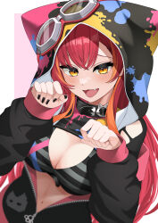 Rule 34 | 1girl, absurdres, animal ear hood, animal ears, animal hood, bikini, black collar, black jacket, black nails, black shrug, blush, bra, breasts, cleavage, collar, fake animal ears, goggles, grey bikini, hair through hood, highres, hood, jacket, large breasts, long hair, long sleeves, looking at viewer, nail polish, navel, nekota tsuna, nekota tsuna (1st costume), orange eyes, paint splatter, red hair, shrug (clothing), smile, solo, striped bra, striped clothes, swimsuit, torn clothes, torn sleeves, underwear, virtual youtuber, vspo!, yoppy paint