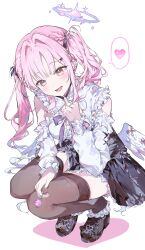 Rule 34 | 0202ase, 1girl, absurdres, bare shoulders, black mask, black ribbon, black shoes, black skirt, black thighhighs, blue archive, blush, detached sleeves, feathered wings, frilled shirt, frills, hair between eyes, hair ribbon, high-waist skirt, highres, holding, holding mask, long hair, looking at viewer, mask, mika (blue archive), mouth mask, open mouth, pink hair, pink nails, pink ribbon, purple ribbon, ribbon, shirt, shoes, sidelocks, skirt, squatting, surgical mask, thighhighs, twintails, white shirt, wing ribbon, wings, yellow eyes