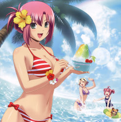 10s 3girls :d ;d ahoge beach bikini blonde_hair breasts choco_(rio) cleavage closed_eyes cloud day fang female_focus flower food green_eyes hair_bobbles hair_flower hair_ornament hairband happy highres image_sample innertube koutaro large_breasts lens_flare looking_at_viewer mint_clark multiple_girls navel ocean one-piece_swimsuit one_eye_closed open_mouth palm_tree red_hair rina_tachibana rio_-rainbow_gate!- rio_rollins school_swimsuit shaved_ice shiny_skin short_hair short_twintails sky smile splashing striped_bikini striped_clothes stuffed_animal stuffed_toy super_blackjack swim_ring swimsuit teddy_bear tree twintails wading water wink