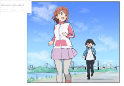 2girls :d =_hair_ornament absurdres black_pants black_shoes blue_jacket blush breasts clenched_hands cloud flying_sweatdrops green_eyes grey_pantyhose gym_uniform hair_ornament hairclip highres jacket jogging looking_back love_live! love_live!_nijigasaki_high_school_idol_club mamei_(imame1997) medium_breasts multiple_girls nijigasaki_track_jacket odaibako official_alternate_costume open_clothes open_jacket open_mouth orange_hair outdoors pants pantyhose pink_sleeves purple_skirt raised_inner_eyebrows request_inset shirt shoes skirt smile sweat takasaki_yu track_jacket track_pants translation_request uehara_ayumu white_jacket white_shirt