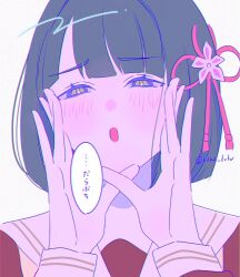 1girl black_hair blunt_bangs blunt_ends blush bob_cut brown_dress dress flower flower_knot green_eyes hair_flower hair_ornament hasu_no_sora_school_uniform highres kanazawaben kzkz_lvlv link!_like!_love_live! long_sleeves looking_at_viewer love_live! momose_ginko neckerchief open_mouth pink_flower purple_theme sailor_collar sailor_dress school_uniform short_hair simple_background solo twitter_username virtual_youtuber white_background white_sailor_collar winter_uniform yellow_neckerchief