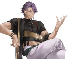 Rule 34 | 1boy, black shirt, bracelet, crossed legs, duryodhana (fate), earrings, facial hair, fate/grand order, fate (series), goatee, goatee stubble, hair ornament, hairclip, highres, indian clothes, jewelry, male focus, midriff, navel, open mouth, pants, potato goril, purple eyes, purple hair, sash, shirt, short hair, shoulder sash, simple background, single earring, sitting, smile, solo, stubble, toned, toned male, white background