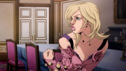 Rule 34 | 1girl, araki hirohiko (style), bare shoulders, blonde hair, breasts, bridal gauntlets, candle, candlestand, chair, collarbone, commentary, door, dress, efrenrostran, english commentary, eyeball, green eyes, highres, holding, indoors, jojo no kimyou na bouken, long hair, lucy steel, makeup, official style, pink bridal gauntlets, pink dress, pink lips, small breasts, solo, steel ball run, table, teeth