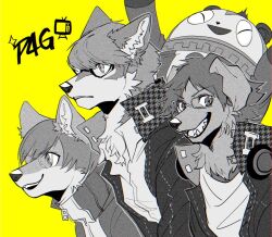 1girl 3boys animal_ears axontatsu closed_eyes commentary_request dog_boy dog_ears furrification furry furry_male glasses greyscale_with_colored_background hanamura_yousuke kuma_(persona_4) looking_at_viewer looking_to_the_side monochrome multiple_boys narukami_yu open_mouth partially_colored persona persona_4 persona_4_the_golden satonaka_chie simple_background smile yellow_background