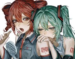 Rule 34 | 2girls, absurdres, aegyo sal, airen kori, aqua eyes, aqua hair, aqua nails, arm tattoo, bare shoulders, black sleeves, blush, bottle, crossed bangs, detached sleeves, grey shirt, hair between eyes, hand fan, hands on another&#039;s shoulders, hatsune miku, highres, holding, holding bottle, holding fan, kasane teto, long hair, multiple girls, number tattoo, open mouth, red eyes, red hair, red nails, shirt, sidelocks, sweatdrop, tattoo, twintails, utau, vocaloid