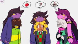 1boy 1other 2girls antlers armlet blonde_hair blush bracelet brown_hair chin_rest colored_skin deer_antlers deer_girl deltarune furry furry_female furry_male glasses goat_boy goat_horns head_on_head head_rest highres horns jewelry kris_(deltarune) mrkimo multiple_girls noelle_holiday purple_hair purple_skin ralsei round_eyewear short_tail speech_bubble spiked_armlet spiked_bracelet spikes susie_(dark_world)_(deltarune) susie_(deltarune) tail thought_bubble