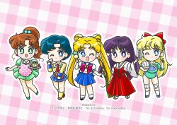 5girls absurdres aino_minako bishoujo_senshi_sailor_moon blonde_hair blue_eyes blue_hair brown_hair cake chibi closed_mouth dress earrings food green_dress green_eyes highres hino_rei ice_cream japanese_clothes jewelry juuban_middle_school_uniform kino_makoto long_hair long_skirt miko miniskirt mizuno_ami multiple_girls necktie ofuda one_eye_closed open_mouth parted_bangs purple_eyes purple_hair school_uniform serafuku short_hair skirt sksrlove smile sportswear stud_earrings swept_bangs tsukino_usagi v very_long_hair volleyball volleyball_uniform
