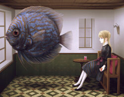 1girl animal black_dress black_shoes blonde_hair cichilid_(fish) commentary_request cup dress drinking_glass fish full_body indoors long_hair long_sleeves original oversized_animal pantyhose petals shoes sitting solo table twintails white_pantyhose window yu_(lovepayon)