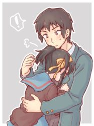 1boy 1girl alternate_hairstyle blazer blue_sailor_collar blue_skirt blush border brown_cardigan brown_eyes brown_hair cardigan commentary_request green_jacket grey_background hair_ribbon hairband hug jacket kita_high_school_uniform kyon long_sleeves looking_at_another official_alternate_hairstyle ponytail ribbon sailor_collar school_uniform serafuku shirt short_hair simple_background skirt suzumiya_haruhi suzumiya_haruhi_no_yuuutsu taiki_(6240taiki) white_border white_shirt yellow_hairband yellow_ribbon