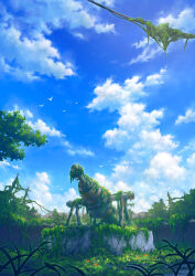 absurdres au_ito bird blue_sky cloud cloudy_sky commentary day flower grass highres nature no_humans original outdoors overgrown plant ruins scenery sky tree variant_set vines yellow_flower
