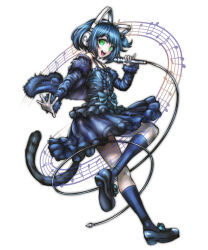 Rule 34 | 1boy, :d, animal ear headphones, animal ears, bare shoulders, black shoes, black tail, blue bow, blue dress, blue hair, blue jacket, blue socks, bow, cat ear headphones, cat tail, commentary, danganronpa (series), dress, dress bow, english commentary, fake animal ears, footwear bow, full body, fur-trimmed jacket, fur-trimmed sleeves, fur trim, green eyes, hand up, headphones, holding, holding microphone, jacket, jacket partially removed, kneehighs, komatsuzaki rui (style), long sleeves, looking at viewer, looking back, male focus, microphone, minster (dooke), musical note, musical staff, one side up, open mouth, outstretched arm, pinky out, round teeth, ryoune yami, second-party source, shoes, short hair, smile, socks, solo, sparkle, standing, standing on one leg, tail, teeth, tongue, trap, upper teeth only, utau