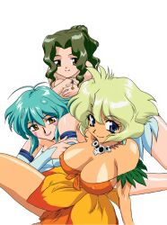 3girls antenna_hair aqua_hair blonde_hair blue_eyes breasts brown_eyes covered_erect_nipples crystal_earrings detached_sleeves dual_persona earrings facial_mark flower_skirt green_hair high_ponytail jewelry jungle_de_ikou large_breasts long_hair looking_at_viewer mii_(jungle_de_ikou) multiple_girls necklace non-web_source official_art photoshop_(medium) ponytail rongo short_hair skull_necklace smile yellow_eyes