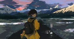 1girl :| absurdres backpack bag black_eyes black_hair closed_mouth cloud cloudy_sky day expressionless from_behind highres looking_at_viewer looking_back mountain mountainous_horizon original outdoors raincoat scenery short_hair sign sky solo sunset xinjinjumin0185662 yellow_raincoat